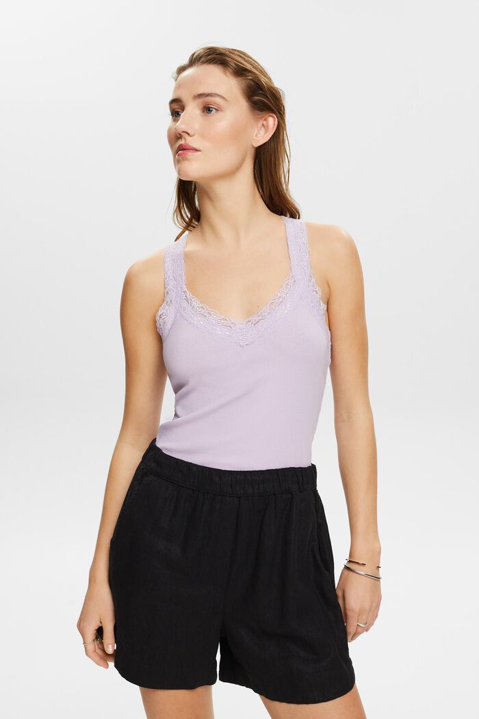 Lace Rib-Knit Jersey Top, LAVENDER, detail image number 0