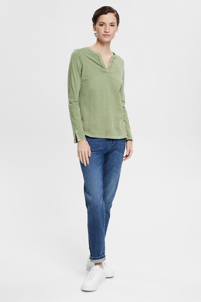 Long sleeve top with a cup-shaped neckline, in organic cotton, LIGHT KHAKI, detail image number 1