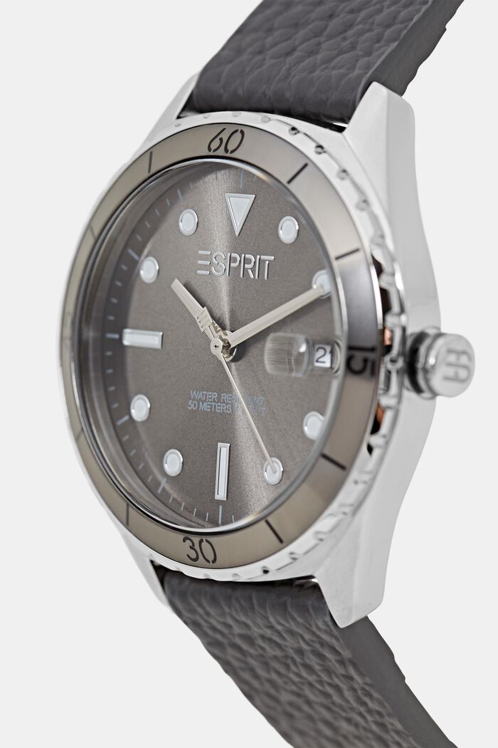 Stainless-steel watch with a leather strap, DARK GREY, detail image number 1