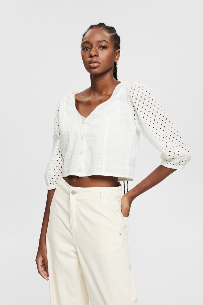 Cropped top with broderie anglaise, OFF WHITE, detail image number 0