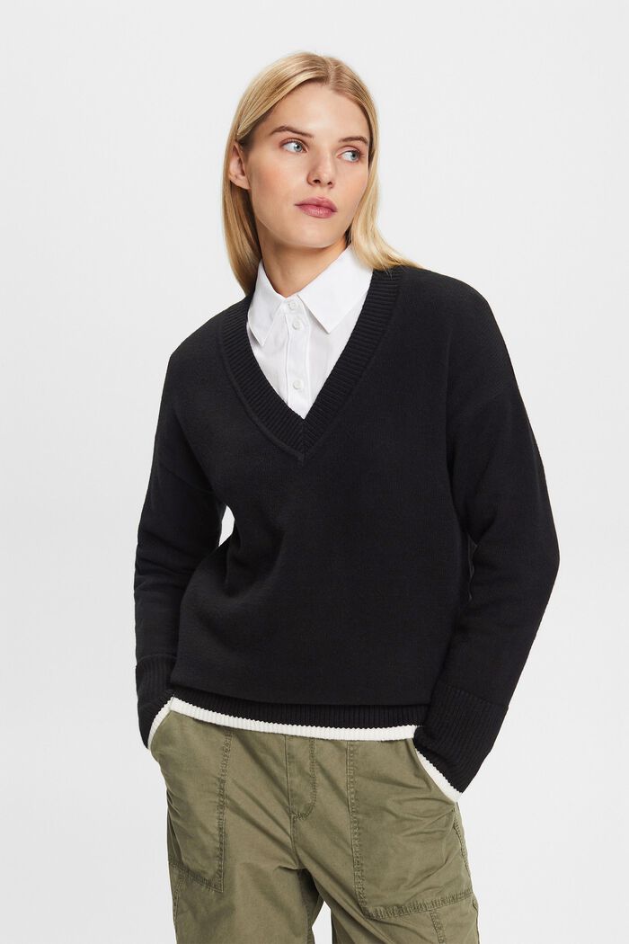Long-Sleeve V-Neck Sweater, BLACK, detail image number 1