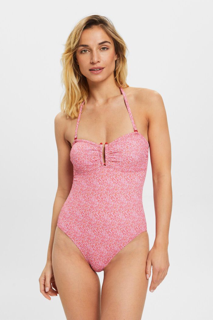 Padded halterneck swimsuit with all-over print, PINK, detail image number 0