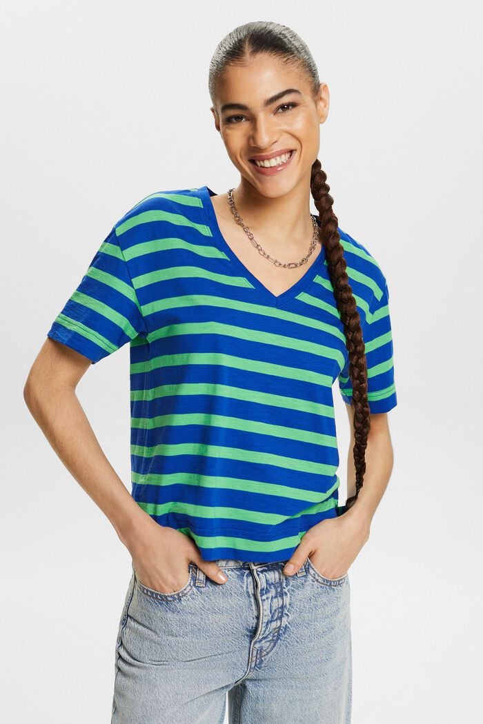 Striped V-Neck T-Shirt, BRIGHT BLUE, detail image number 0