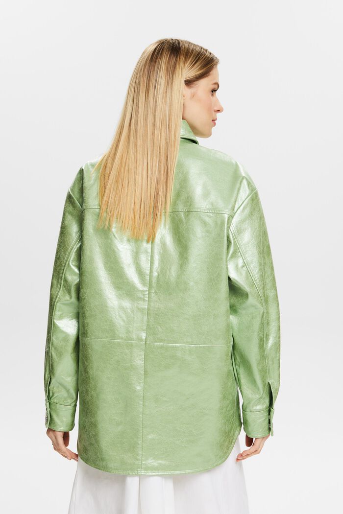 Coated Metallic Faux Leather Shirt, LIGHT AQUA GREEN, detail image number 2