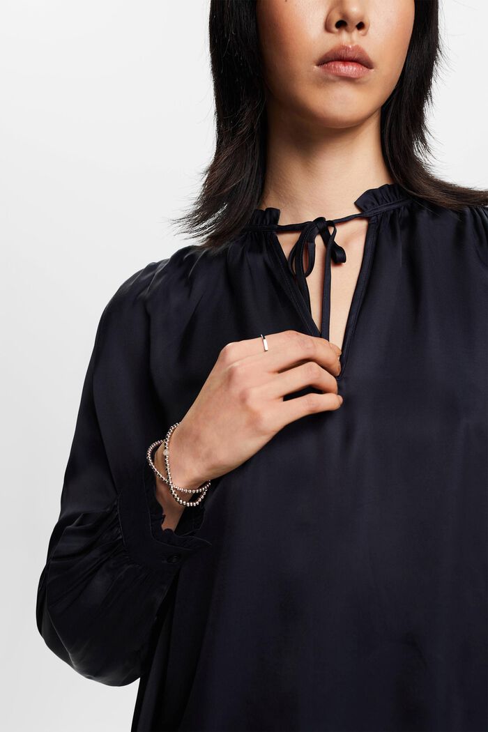 Satin blouse with ruffled edges, NAVY, detail image number 2
