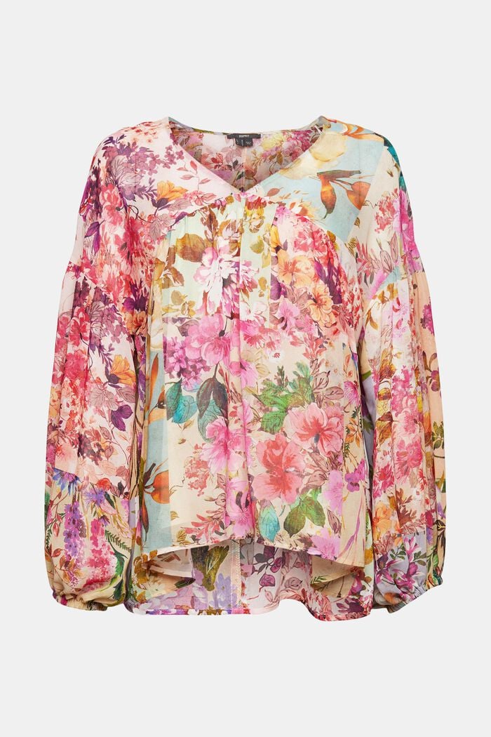 Made of recycled material: chiffon blouse with a floral pattern, PINK FUCHSIA, overview