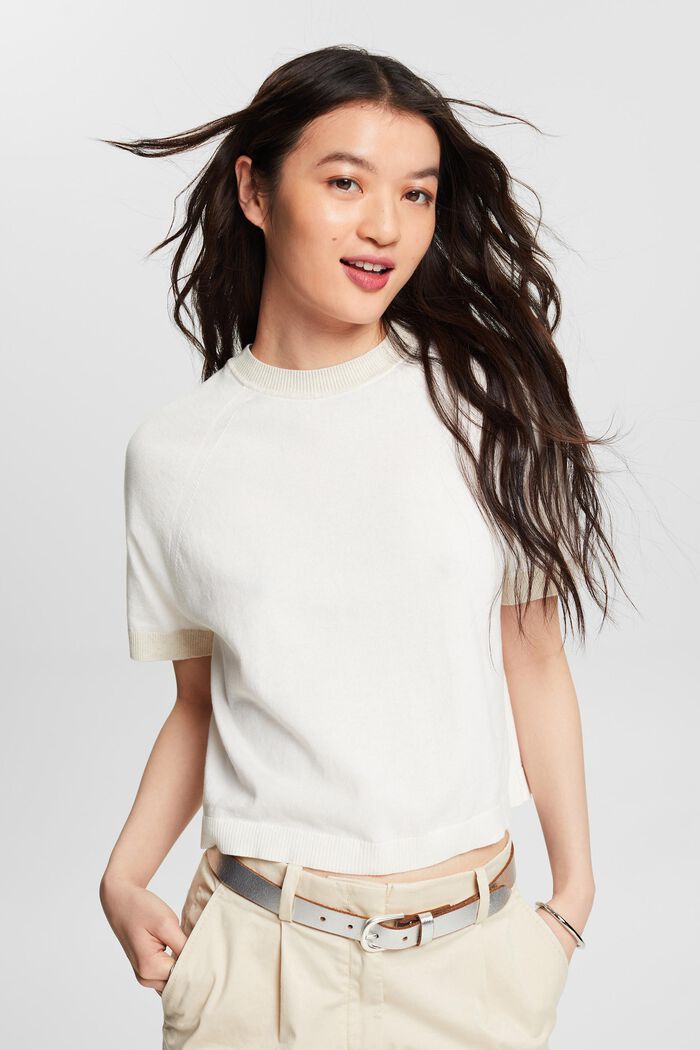 Two-Tone Short-Sleeve Sweater, OFF WHITE, detail image number 0