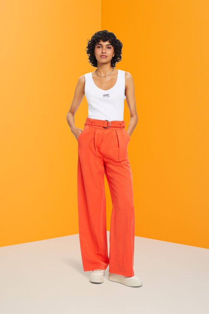 High-rise wide leg linen blend trousers with belt, ORANGE RED, detail image number 5