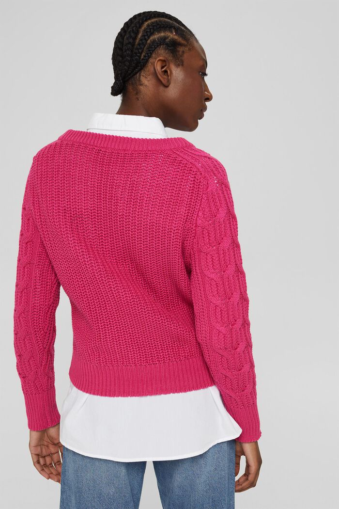 Cable knit jumper made of blended cotton, PINK FUCHSIA, detail image number 3