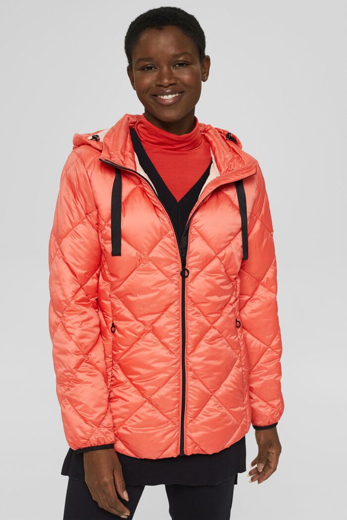 Recycled: Quilted jacket with an adjustable hood, CORAL, overview