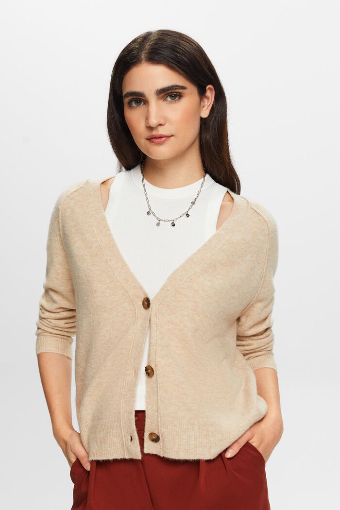 Buttoned V-neck cardigan, wool blend, SAND, detail image number 0