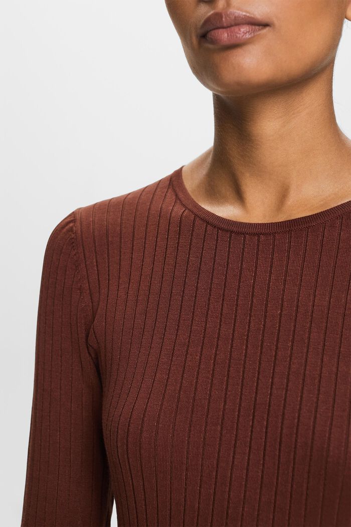 Pleated Rib-Knit Dress, BROWN, detail image number 3