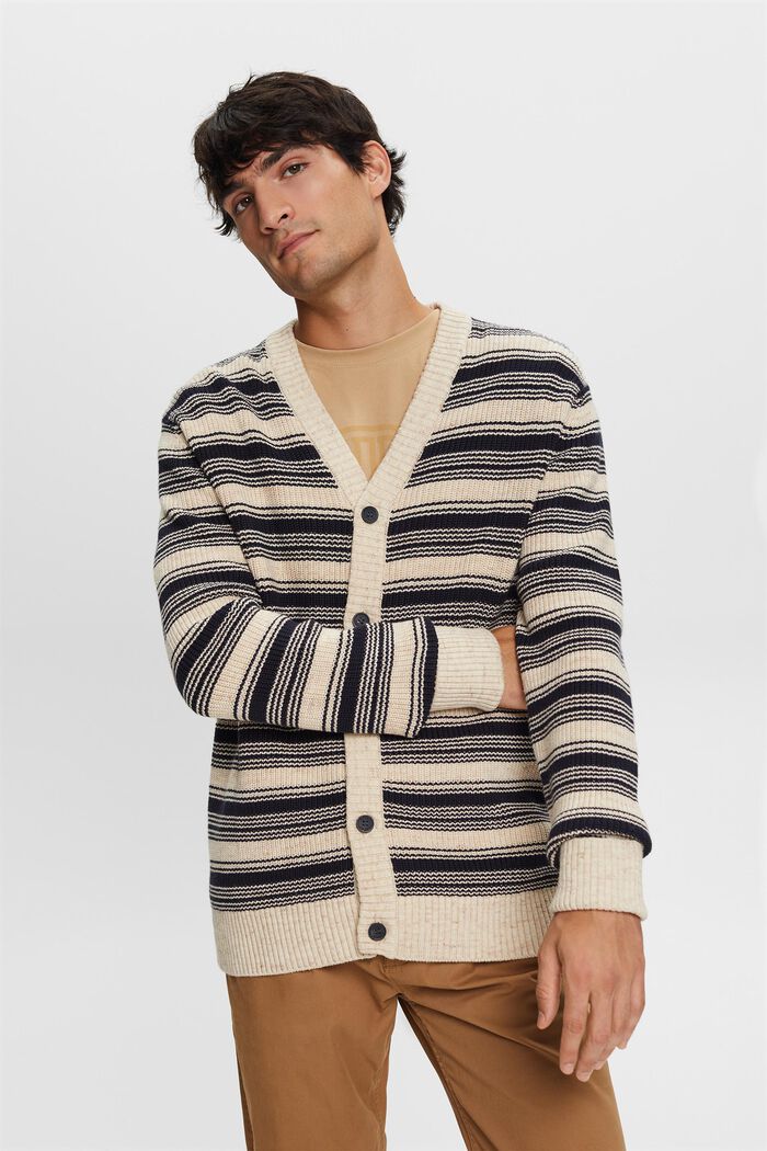 Striped V-neck cardigan, 100% cotton, NAVY, detail image number 1