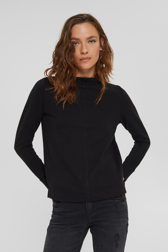 Sweatshirt with a stand-up collar, blended organic cotton, BLACK, detail image number 0