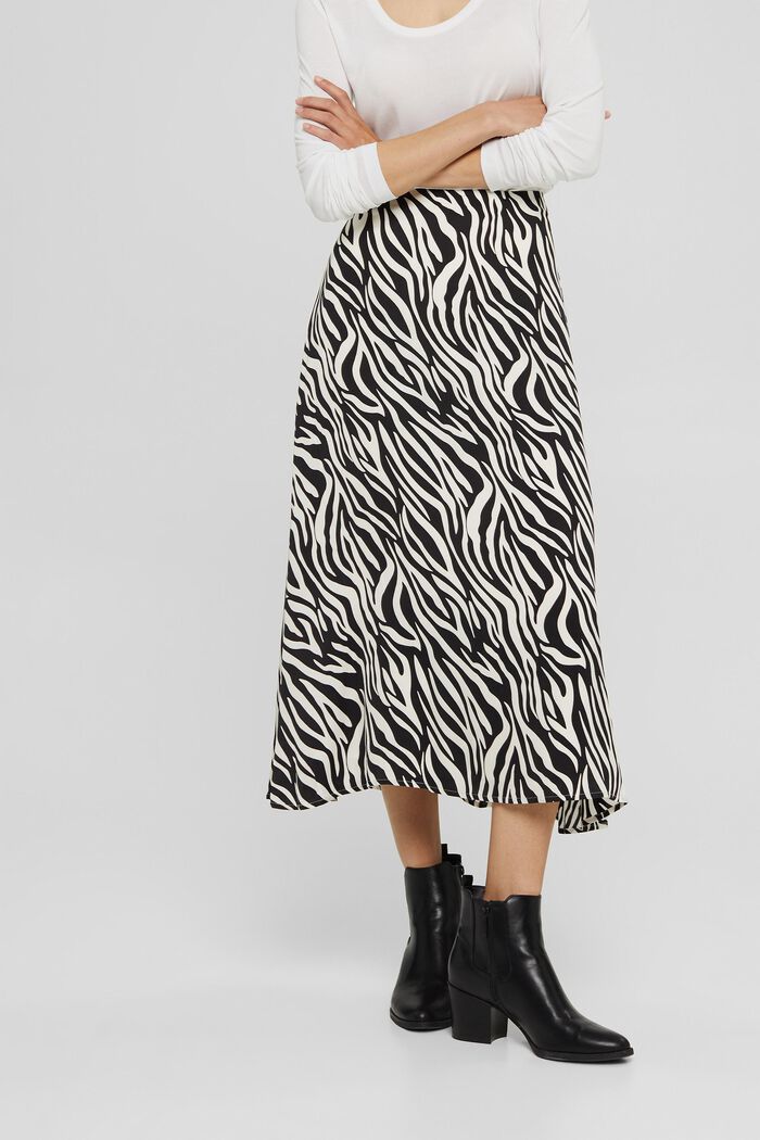 Satin midi skirt with an animal print, BLACK, detail image number 0