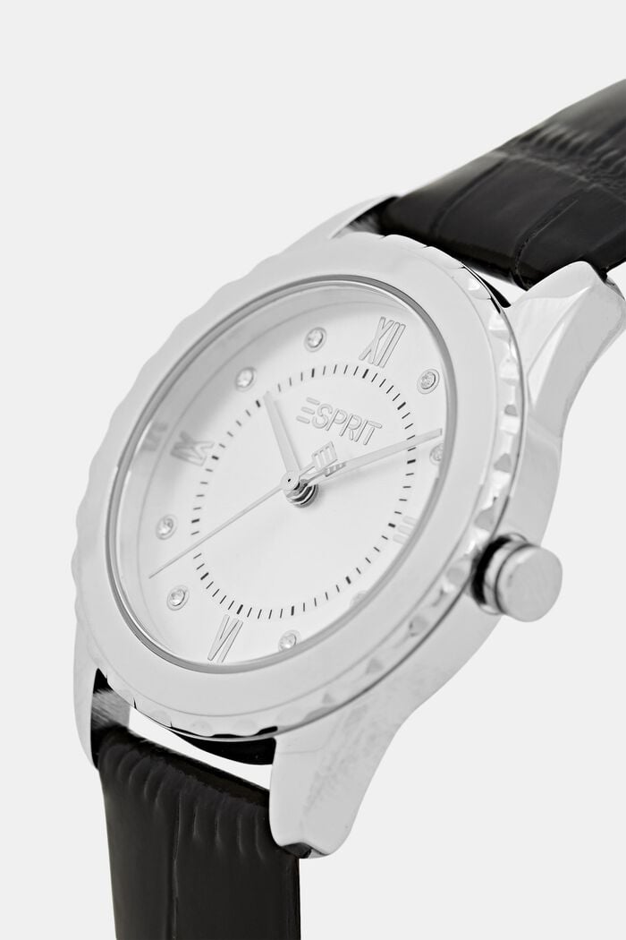 Stainless steel watch with a textured leather strap, BLACK, detail image number 1