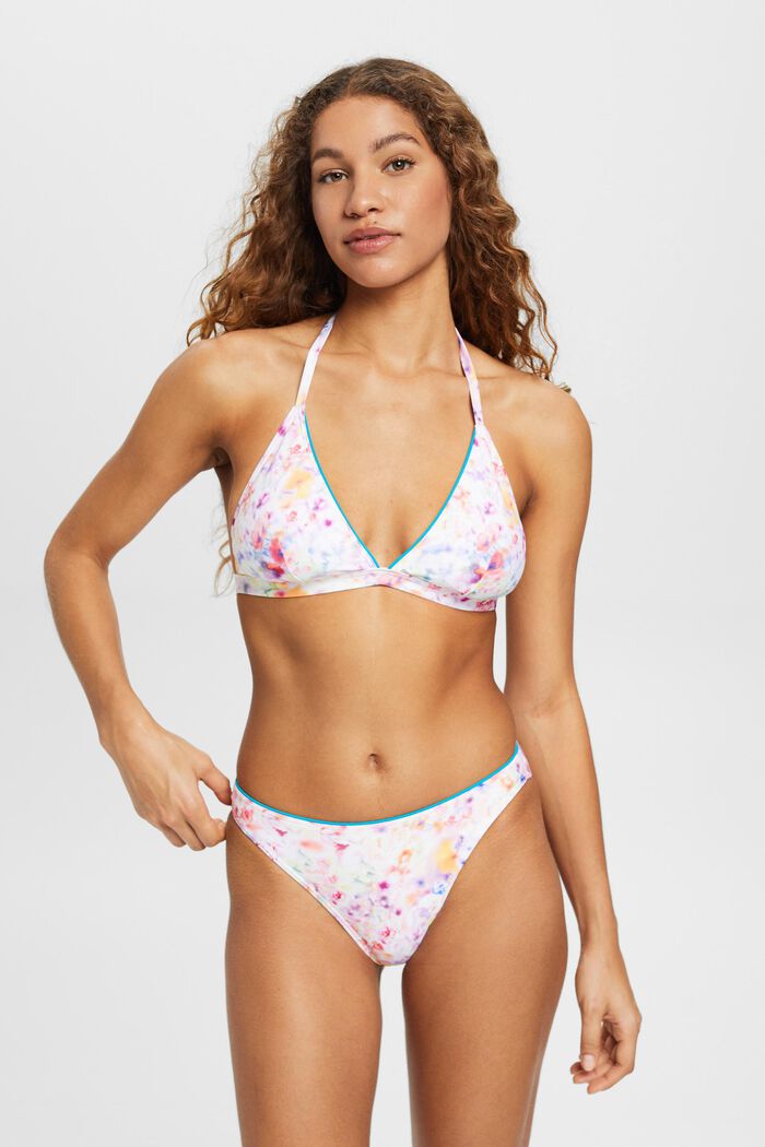 Padded halterneck bikini top with floral print, TEAL BLUE, detail image number 0