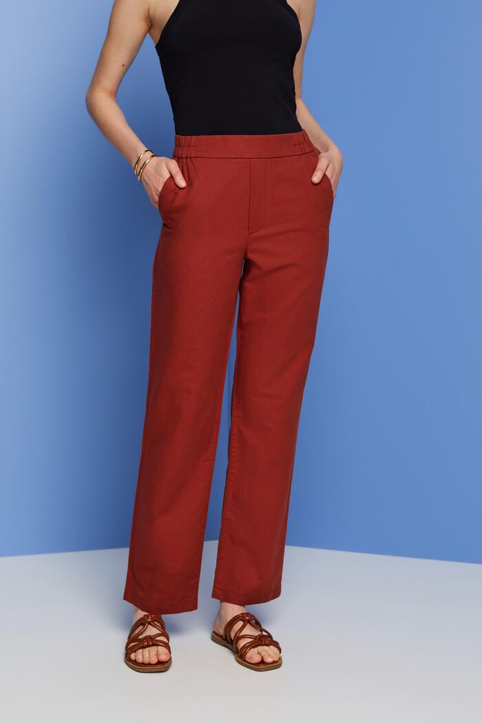 Pull-on trousers, linen blend, TERRACOTTA, detail image number 0
