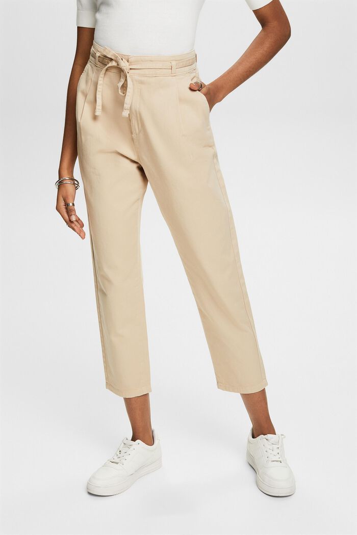 Waist pleat trousers with a belt, pima cotton, BEIGE, detail image number 0