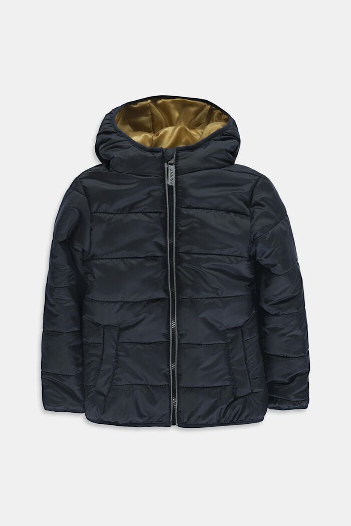Padded quilted jacket with a hood, BLACK, overview