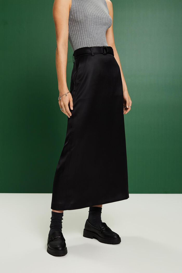 Satin Belted Maxi Skirt, BLACK, detail image number 0