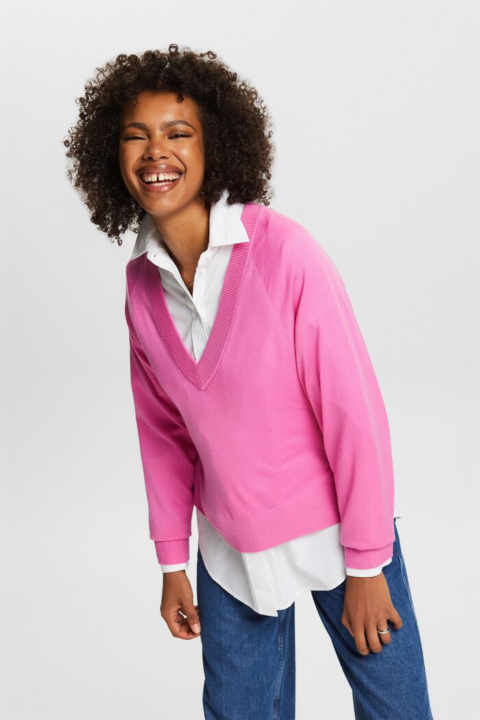 Cashmere V-Neck Sweater, PINK FUCHSIA, detail image number 0