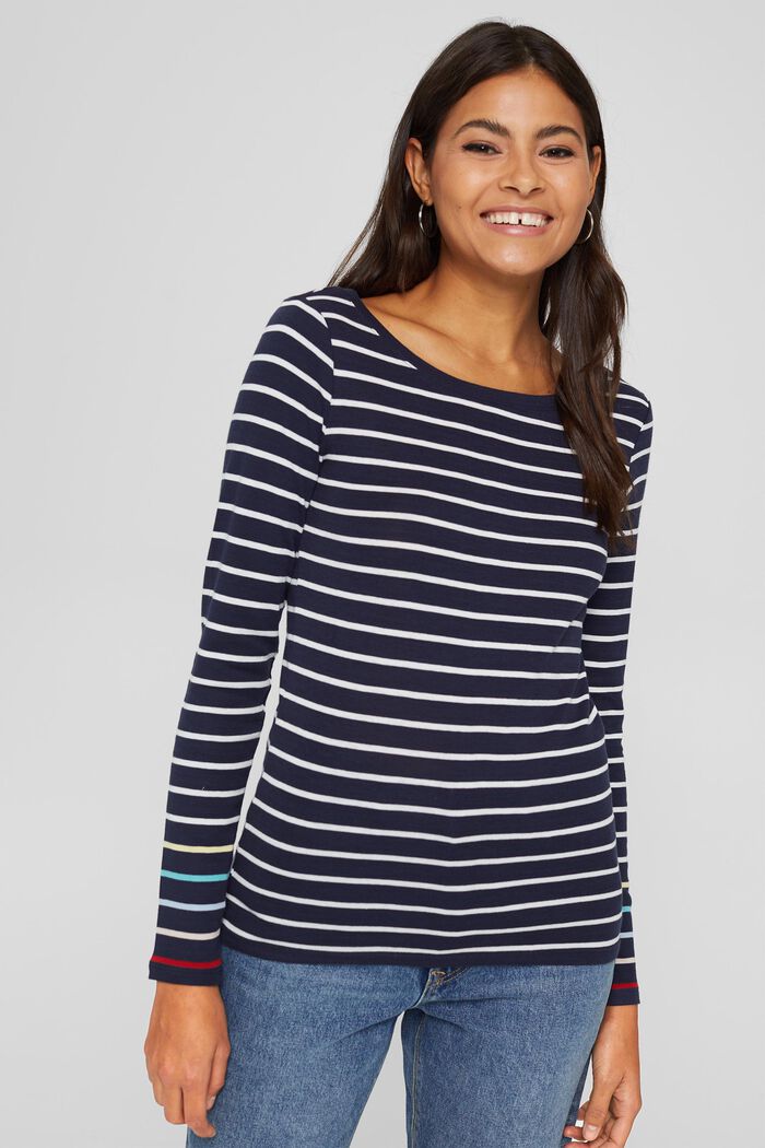 Striped long sleeve top, 100% cotton, NAVY, detail image number 0