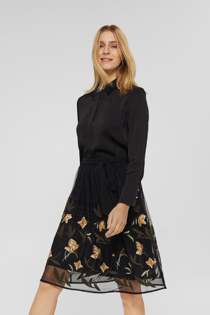 Mesh skirt with floral embroidery, BLACK, detail image number 0