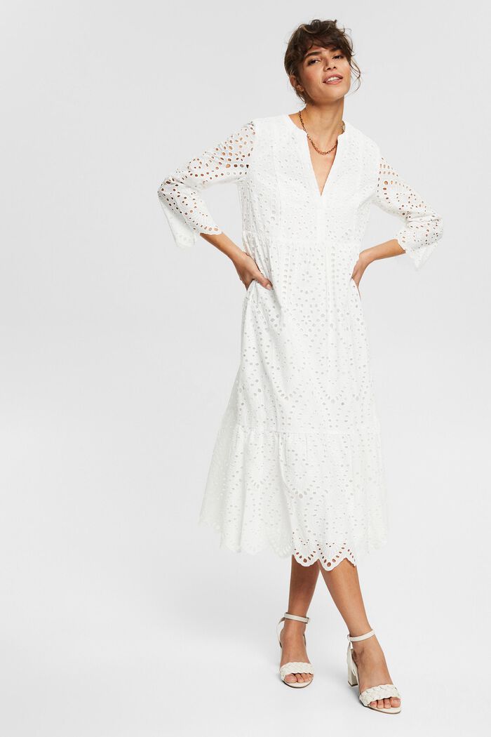 Midi dress with broderie anglaise, LENZING™ ECOVERO™, WHITE, detail image number 0