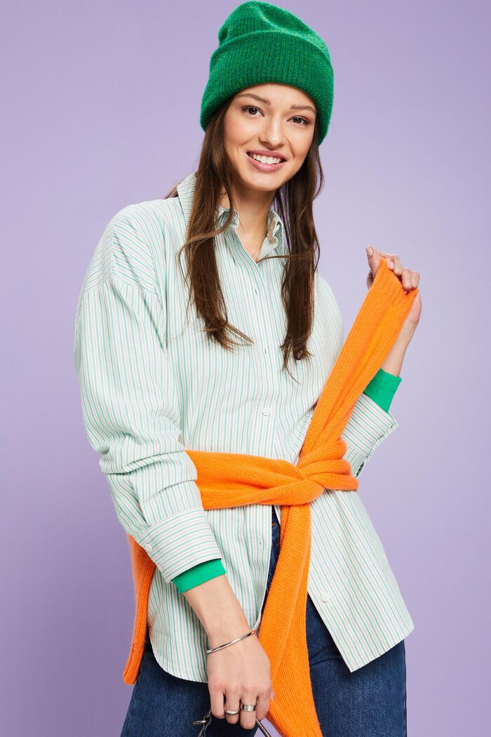 Oversized Striped Cotton Shirt, GREEN, detail image number 5