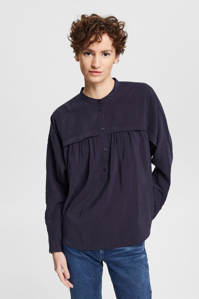 Blouse with a band collar, LENZING™ ECOVERO™, NAVY, detail image number 5