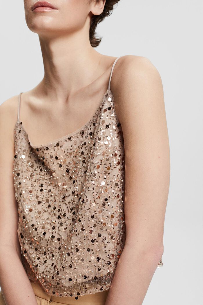 Cropped top with sequins and beads, LIGHT TAUPE, detail image number 2