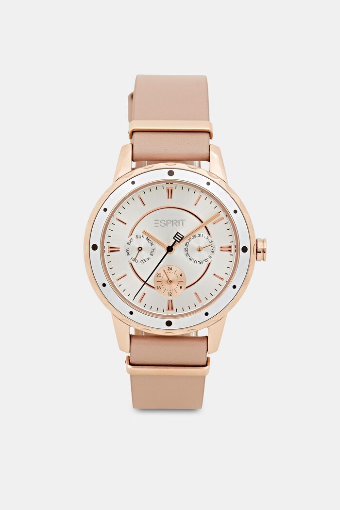 Two-tone multi-functional watch with a leather strap, ROSE, detail image number 0