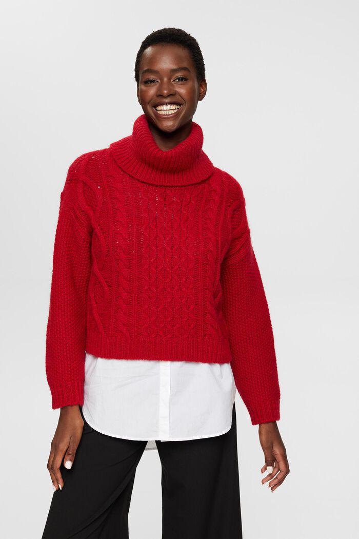 Roll neck cable knit sweater with wool, DARK RED, detail image number 0