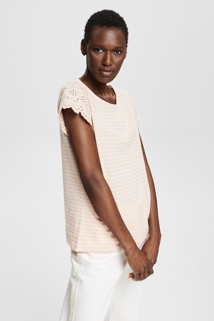 Made of recycled material: striped T-shirt trimmed with broderie anglaise, NUDE, detail image number 0