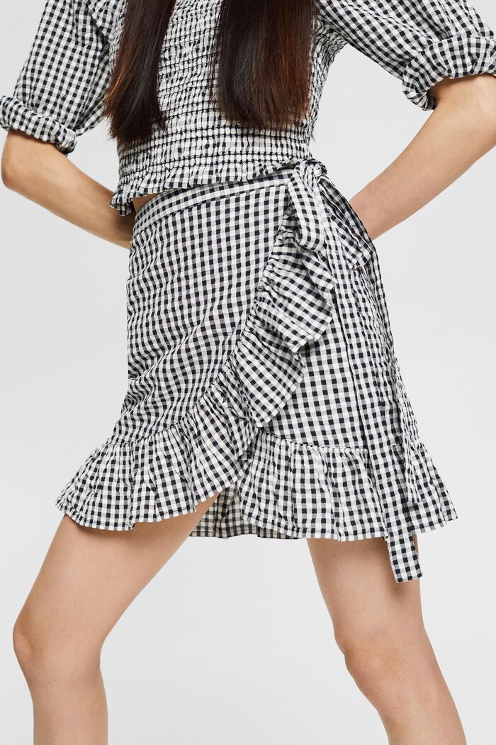 Flounce wrap-over skirt with a check pattern, BLACK, detail image number 2