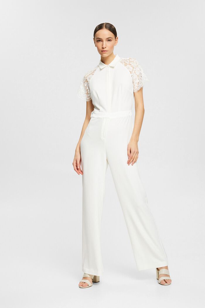Made of recycled material: jumpsuit with lace sleeves, OFF WHITE, detail image number 0
