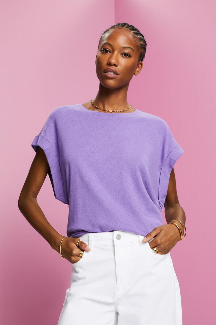 Cotton and linen blended t-shirt, PURPLE, detail image number 0