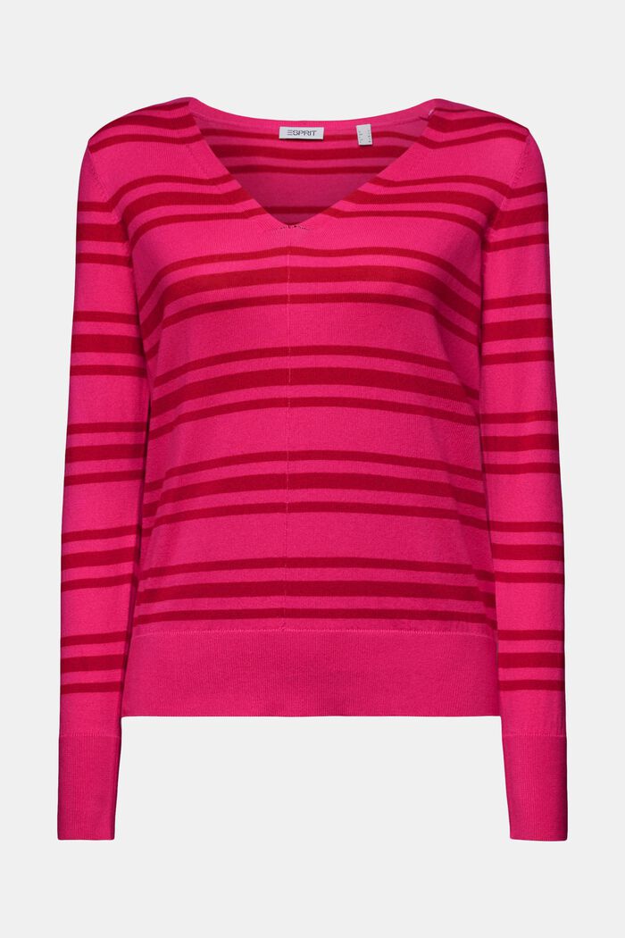 Striped Cotton V-Neck Sweater, PINK FUCHSIA, detail image number 6