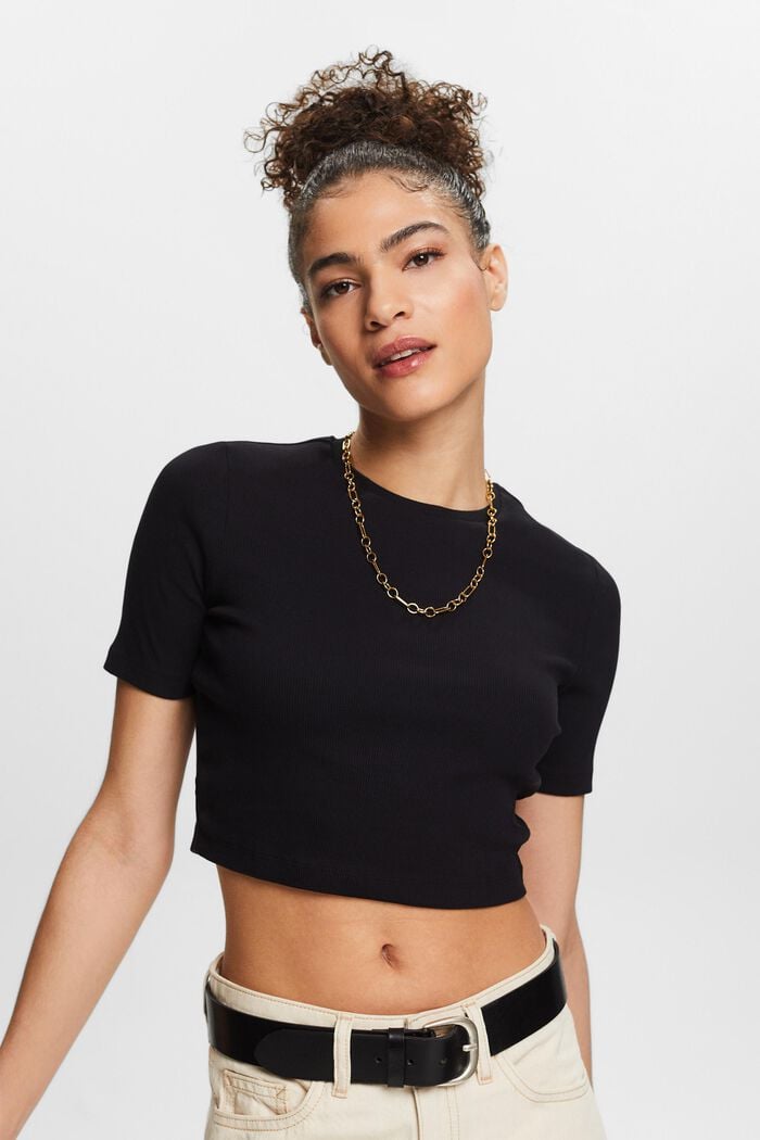 Ribbed Cotton Cropped T-Shirt, BLACK, detail image number 0
