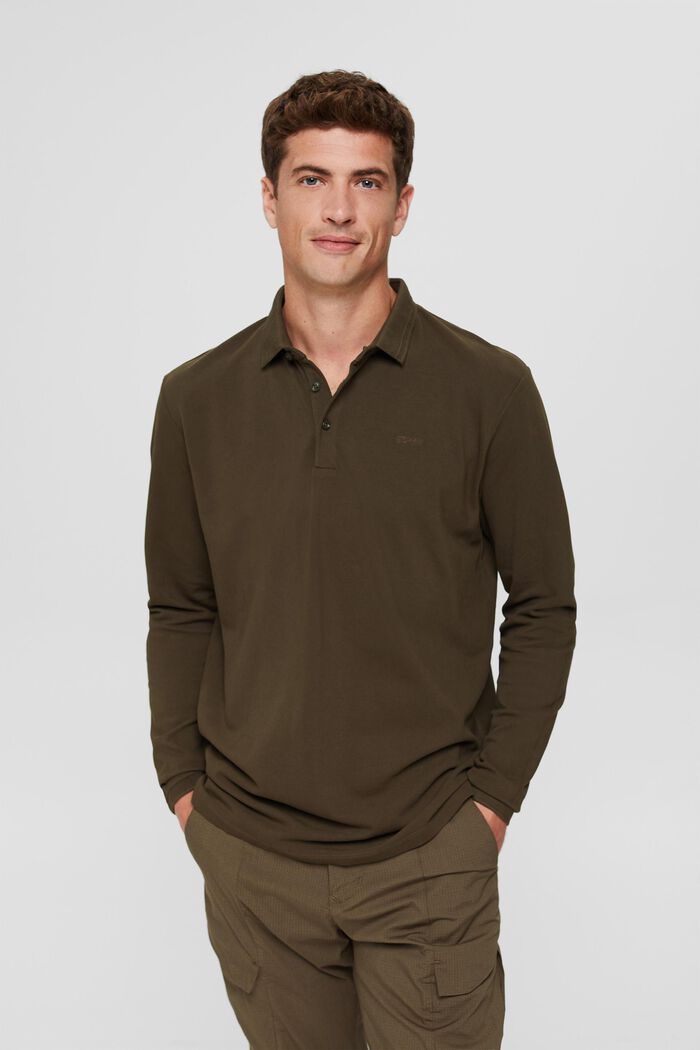 Piqué long sleeve polo shirt, organic cotton, DARK KHAKI, detail image number 0