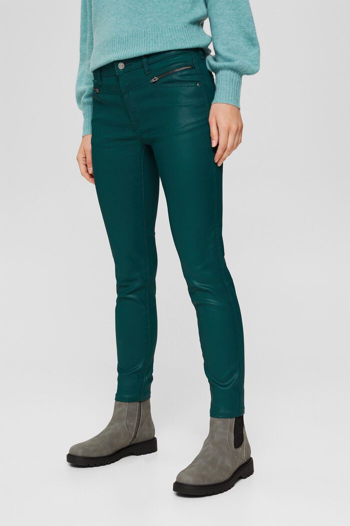 Coated trousers with zips, DARK TEAL GREEN, detail image number 0