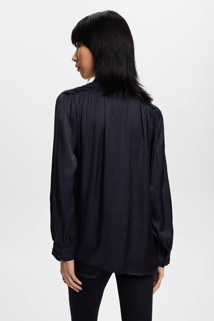 Satin blouse with ruffled edges, NAVY, detail image number 3