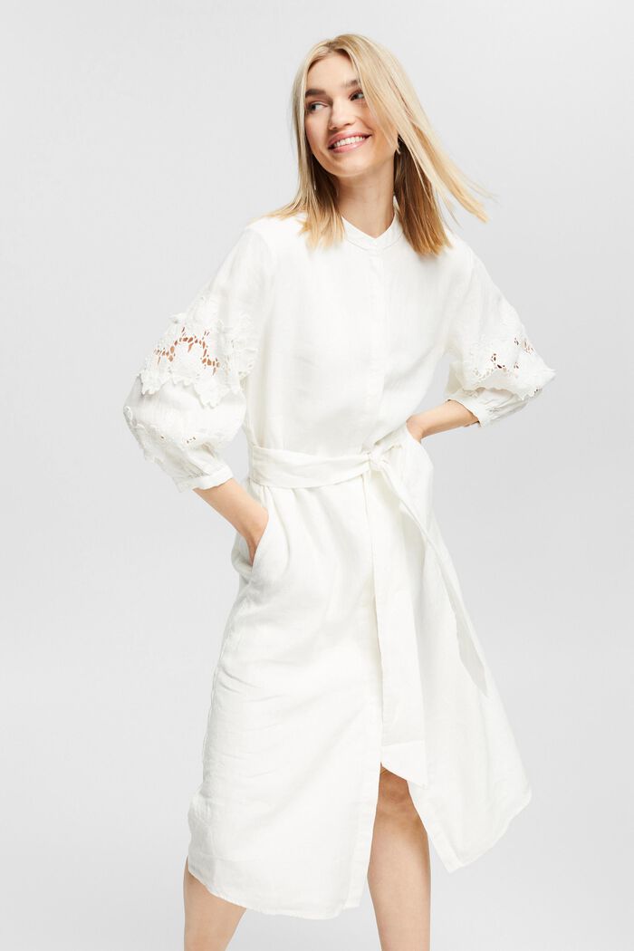 Made of linen: Shirt dress with a tie-around belt, OFF WHITE, detail image number 0