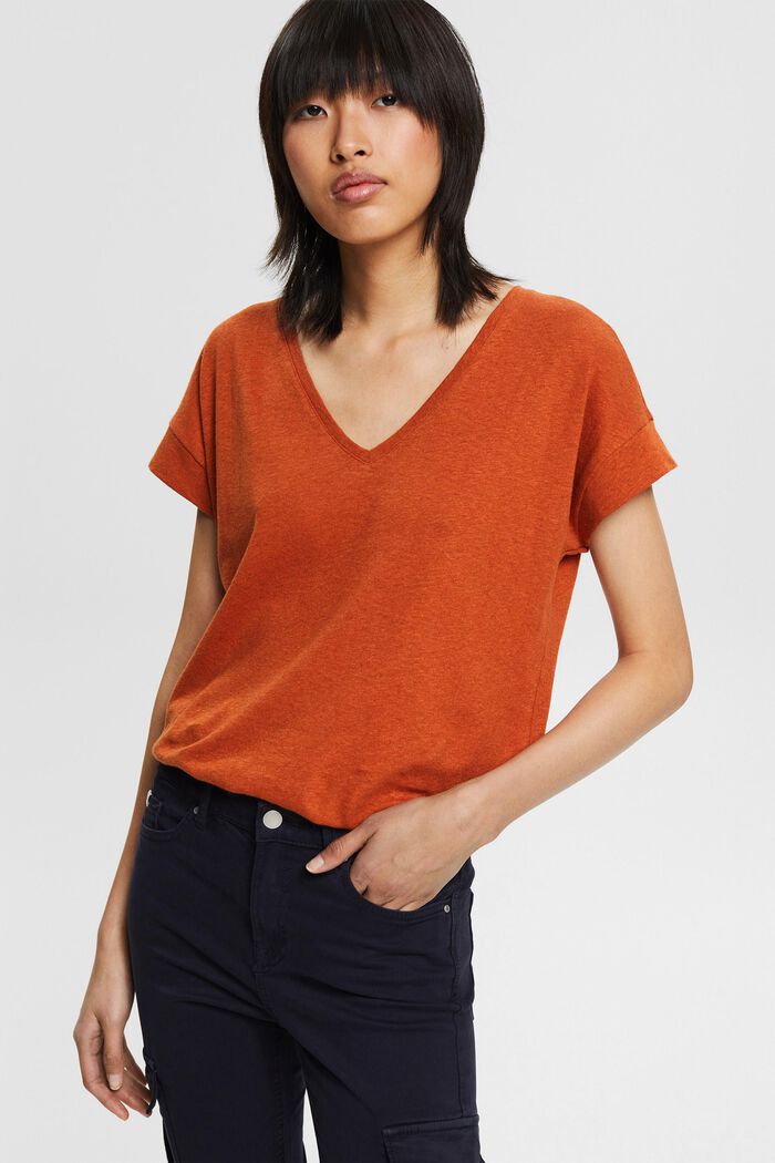 Linen blend: V-neck T-shirt, TOFFEE, overview