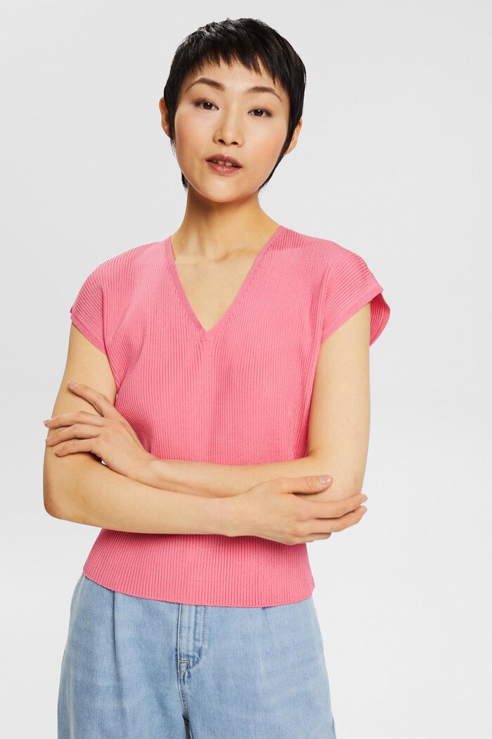 Short-sleeved jumper in a ribbed look, PINK FUCHSIA, detail image number 0