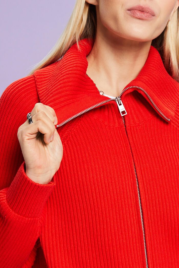 Rib-Knit Zip Cardigan, RED, detail image number 3