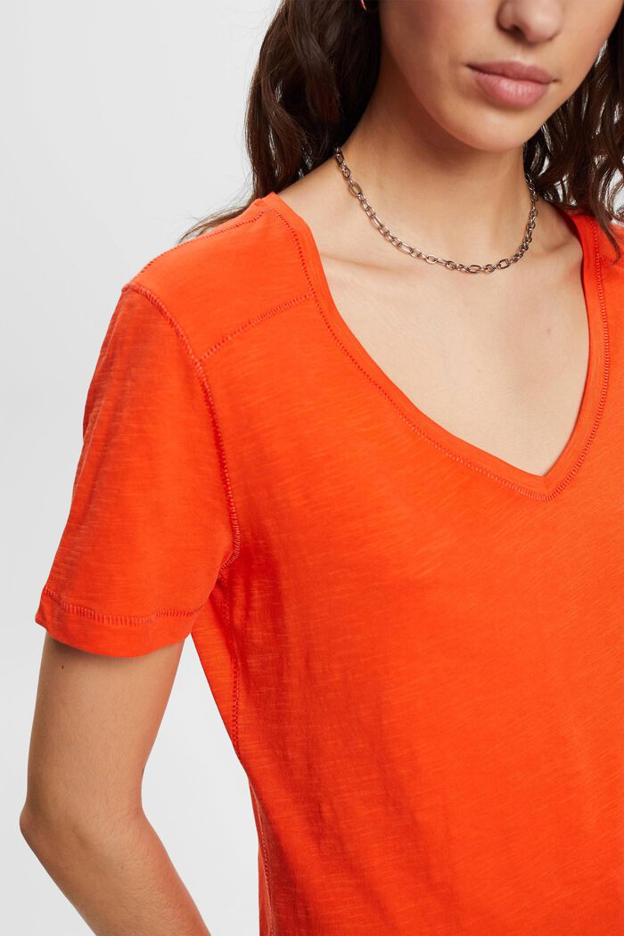V-neck cotton t-shirt with decorative stitching, ORANGE RED, detail image number 2