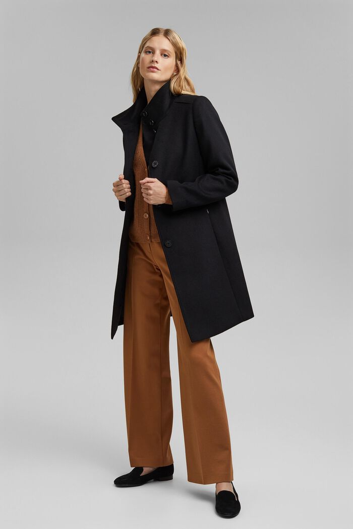 Made of blended wool: Coat with a stand-up collar, BLACK, detail image number 1