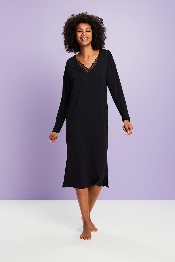 Jersey Lace Nightdress, BLACK, detail image number 1